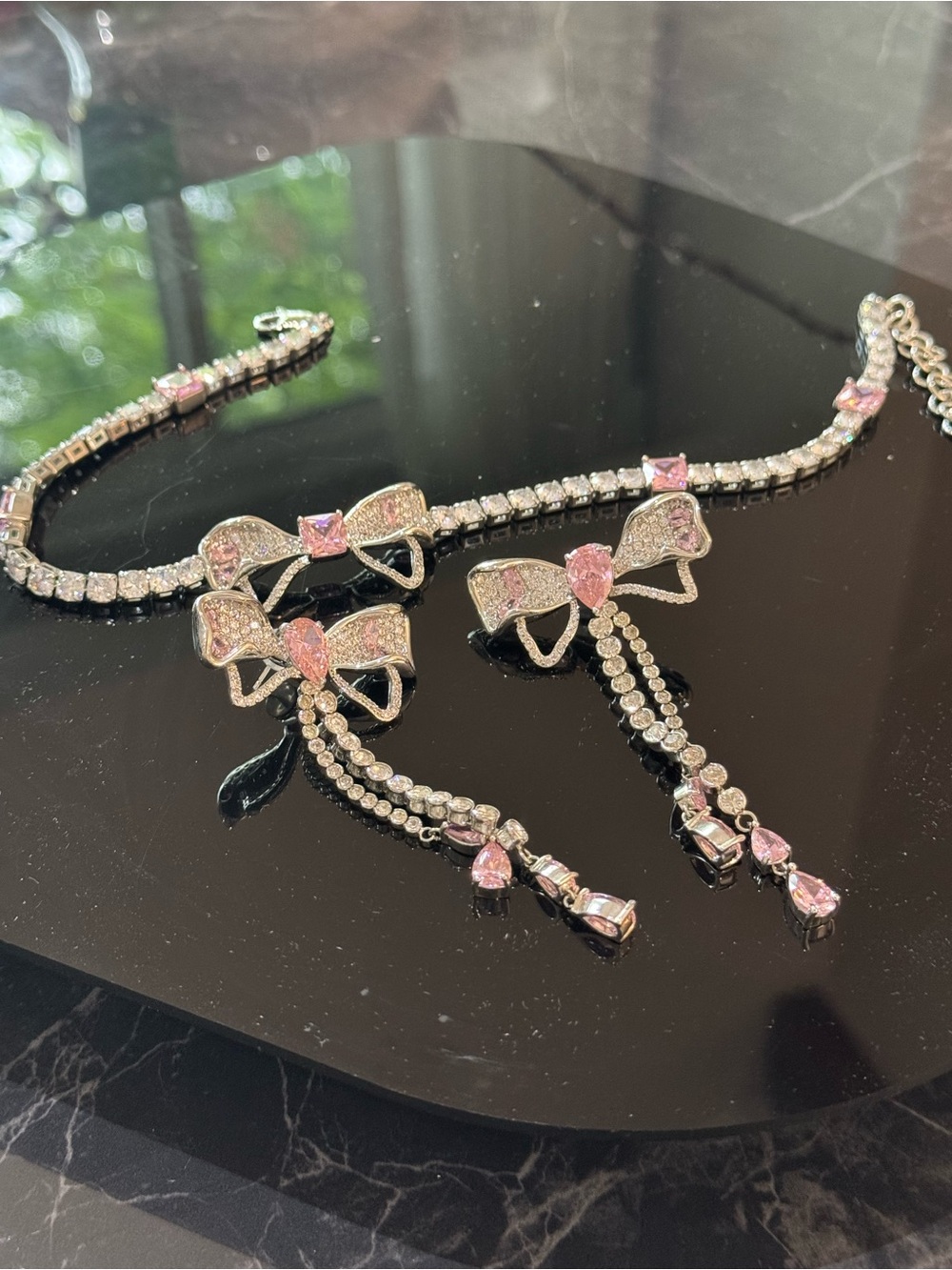 Pink Bow Crystal Necklace and Earrings Set